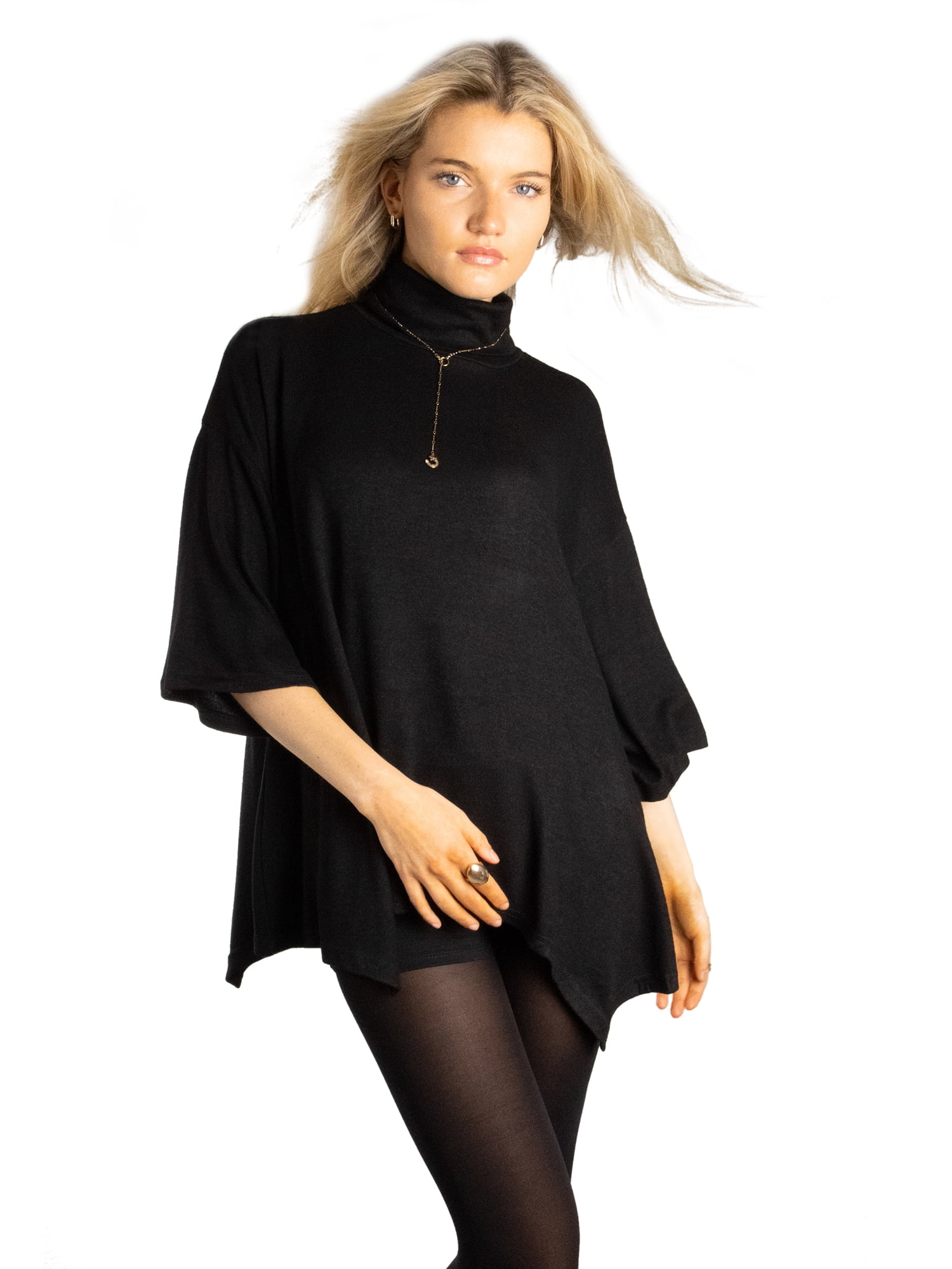 DARING DIVA Women's Stylish Turtleneck Drop Sleeve Sweater L Black