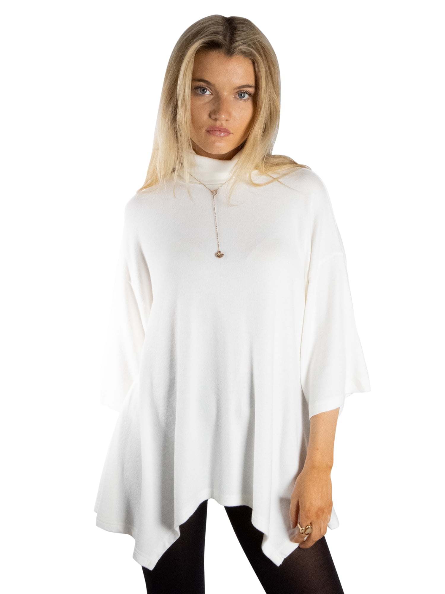 DARING DIVA Women's Stylish Turtleneck Drop Sleeve Sweater L White