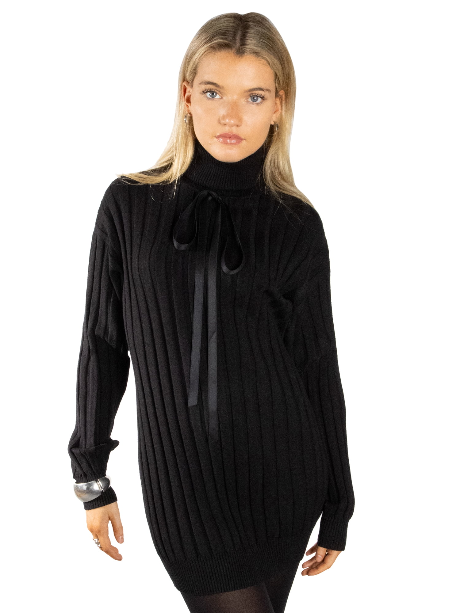 DARING DIVA Women's Stylish Turtleneck Long Sleeve Sweater Mini Dress L Black