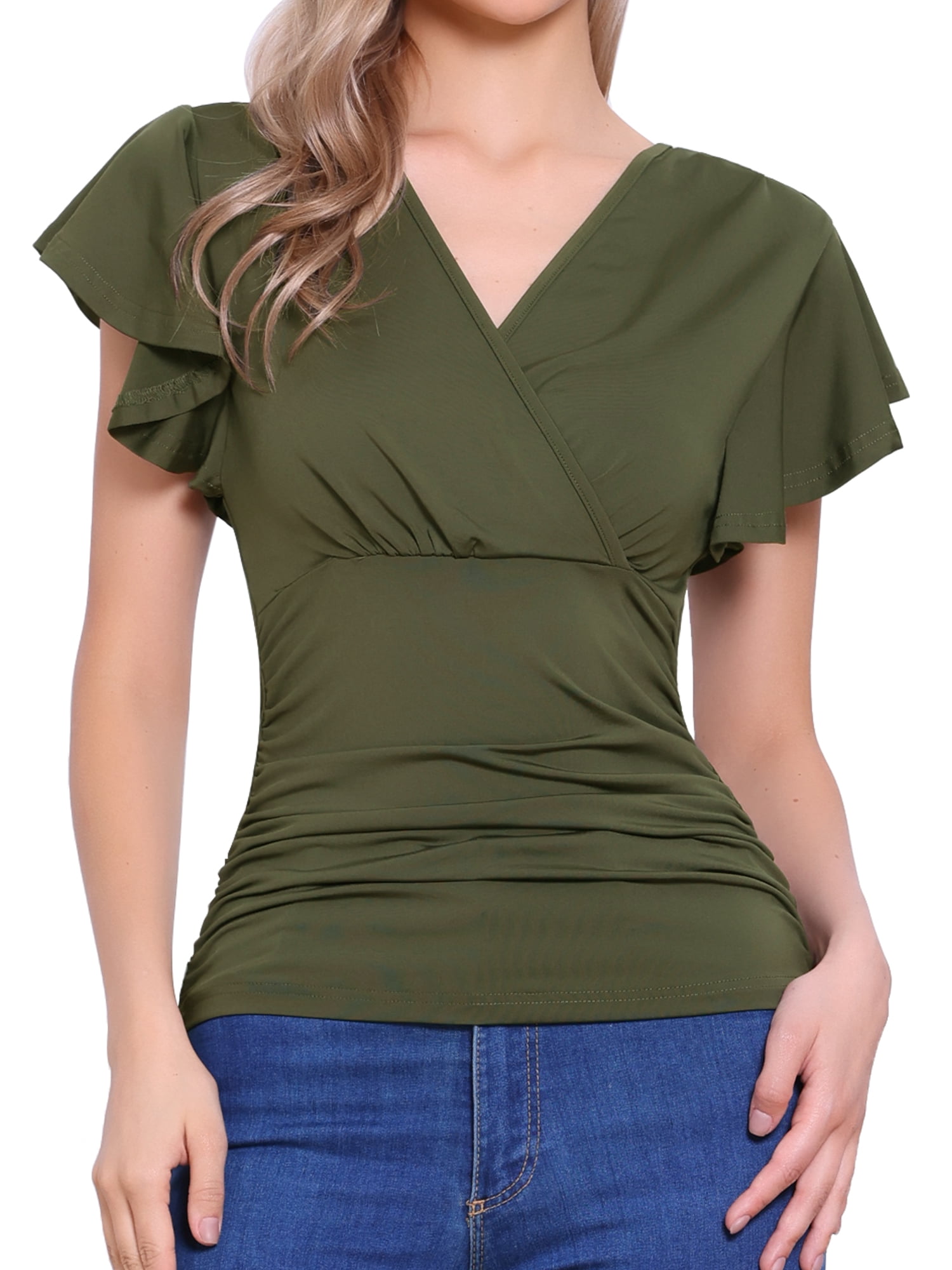 DARING DIVA Women's Stylish V Neck Cinched Waist Ruffle Sleeve Blouse S Dark Green