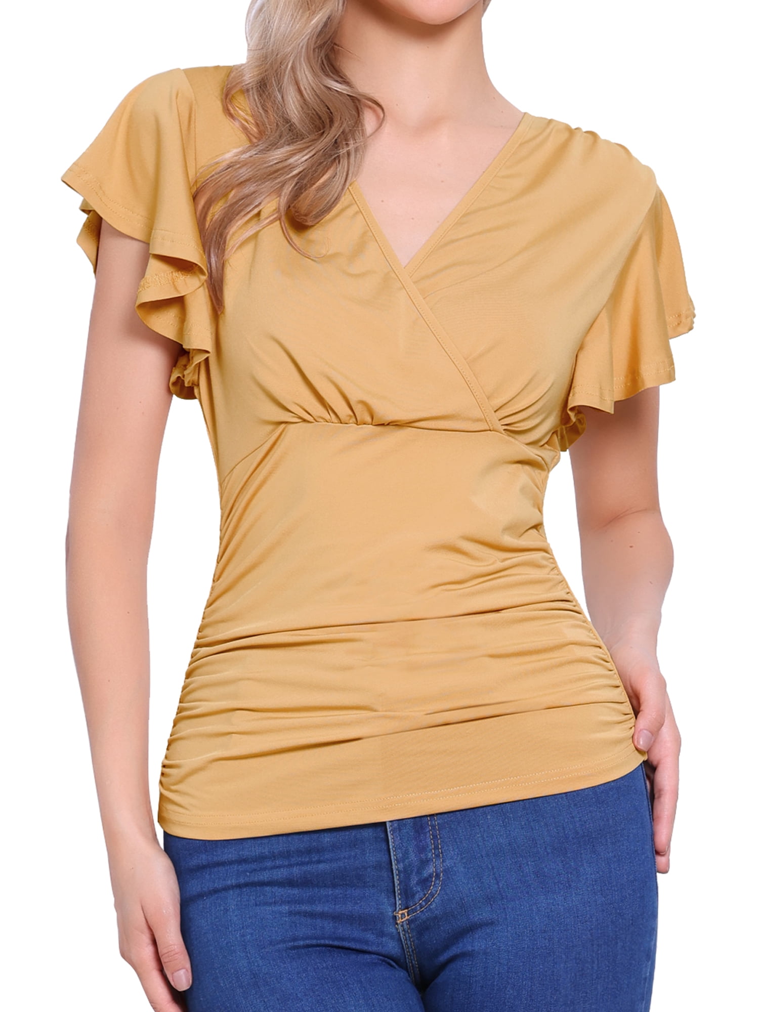 DARING DIVA Women's Stylish V Neck Cinched Waist Ruffle Sleeve Blouse S Khaki