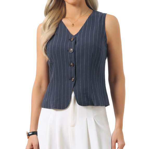 DARING DIVA Women's Stylish Vest Tops Linen Striped Business Waistcoat M Navy Blue
