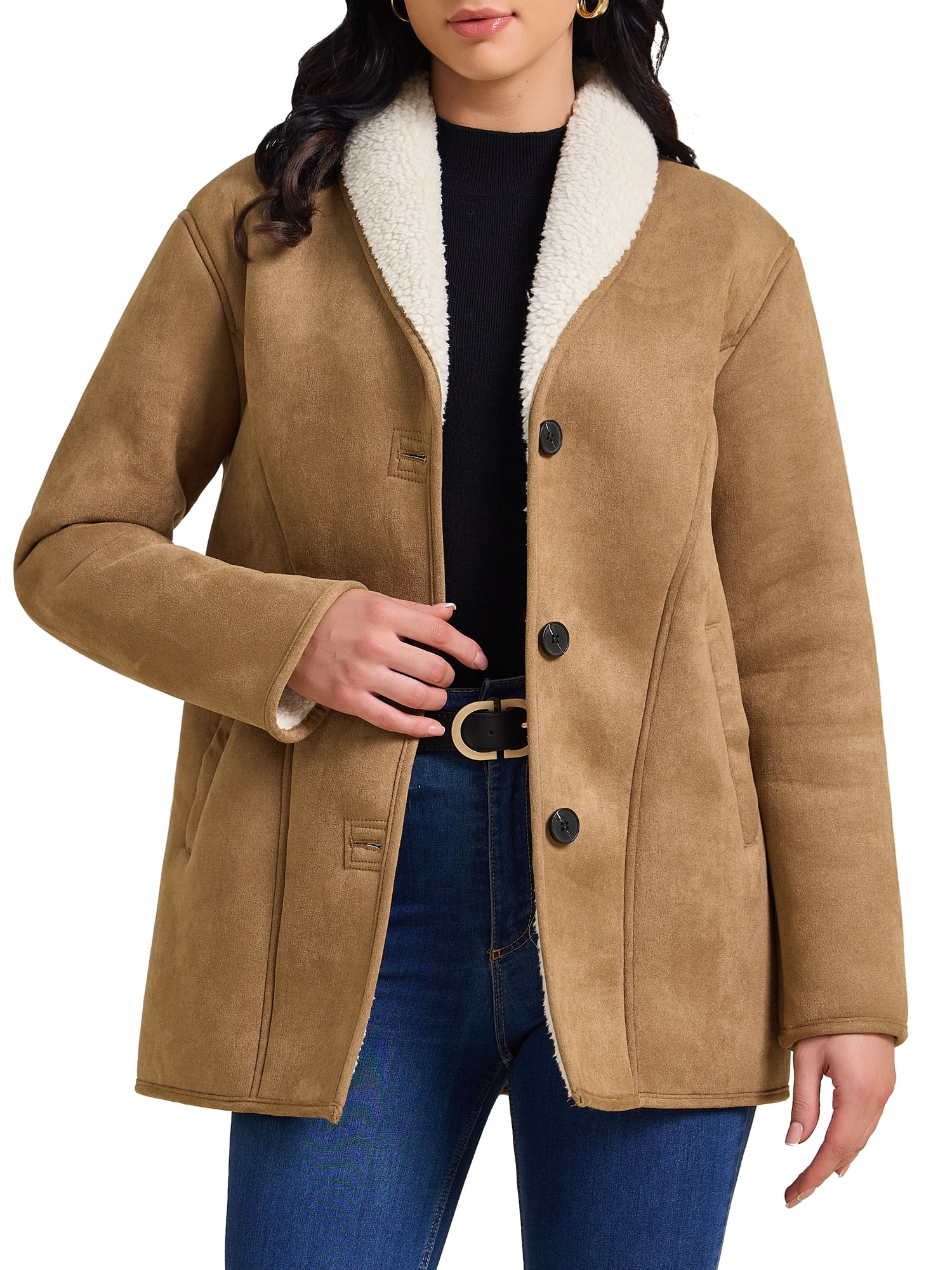 DARING DIVA Women's Suede Button Down Lapel Fleece Jacket With Pockets M Brown