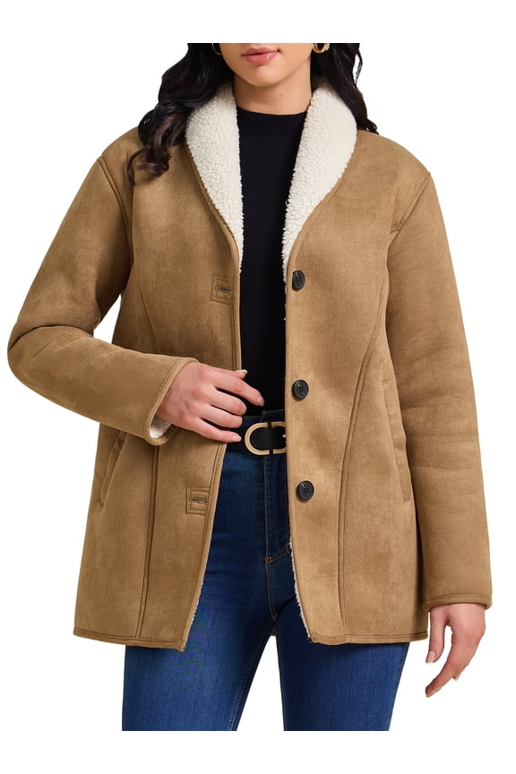 Women's Suede Button Down Lapel Fleece Jacket With Pockets M Brown