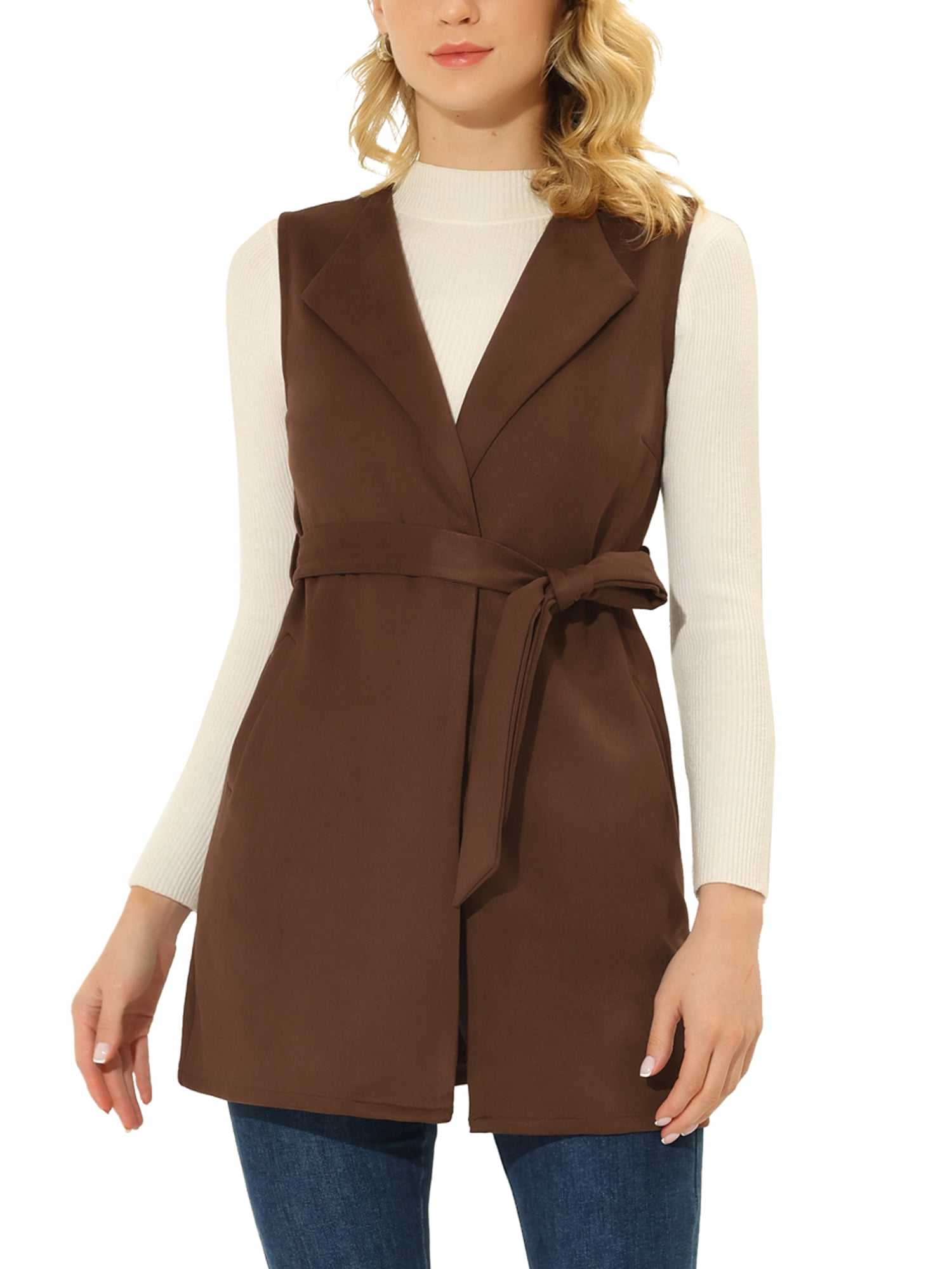DARING DIVA Women's Suede Lapel Collar Tie Waist Blazer Jackets L Brown