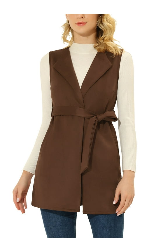 Women's Suede Lapel Collar Tie Waist Blazer Jackets S Brown
