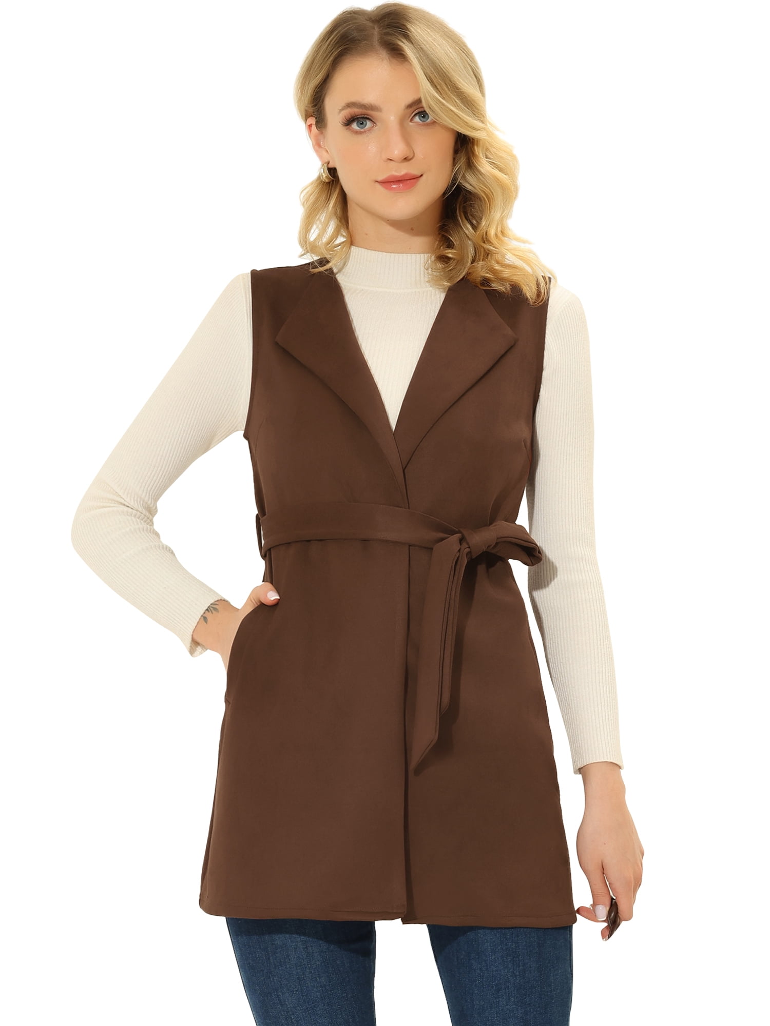 DARING DIVA Women's Suede Lapel Collar Tie Waist Blazer Jackets XS Brown