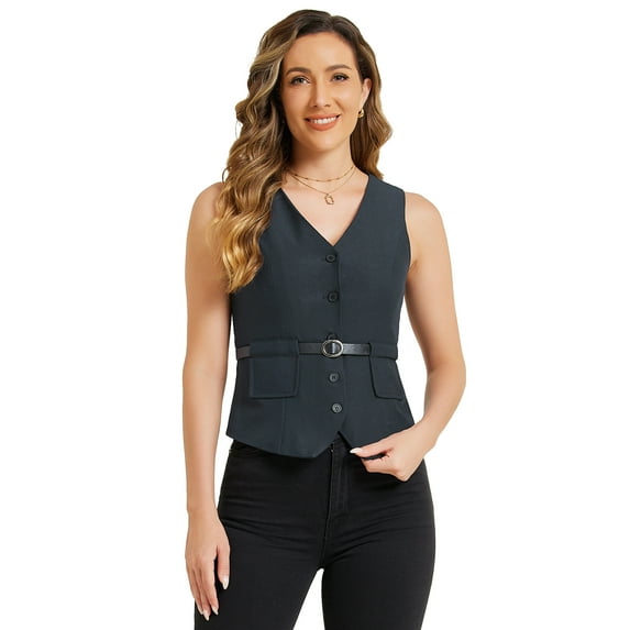 DARING DIVA Women's Suit Vest Button Up Belt V Neck Sleeveless Waistcoat L Dark Blue