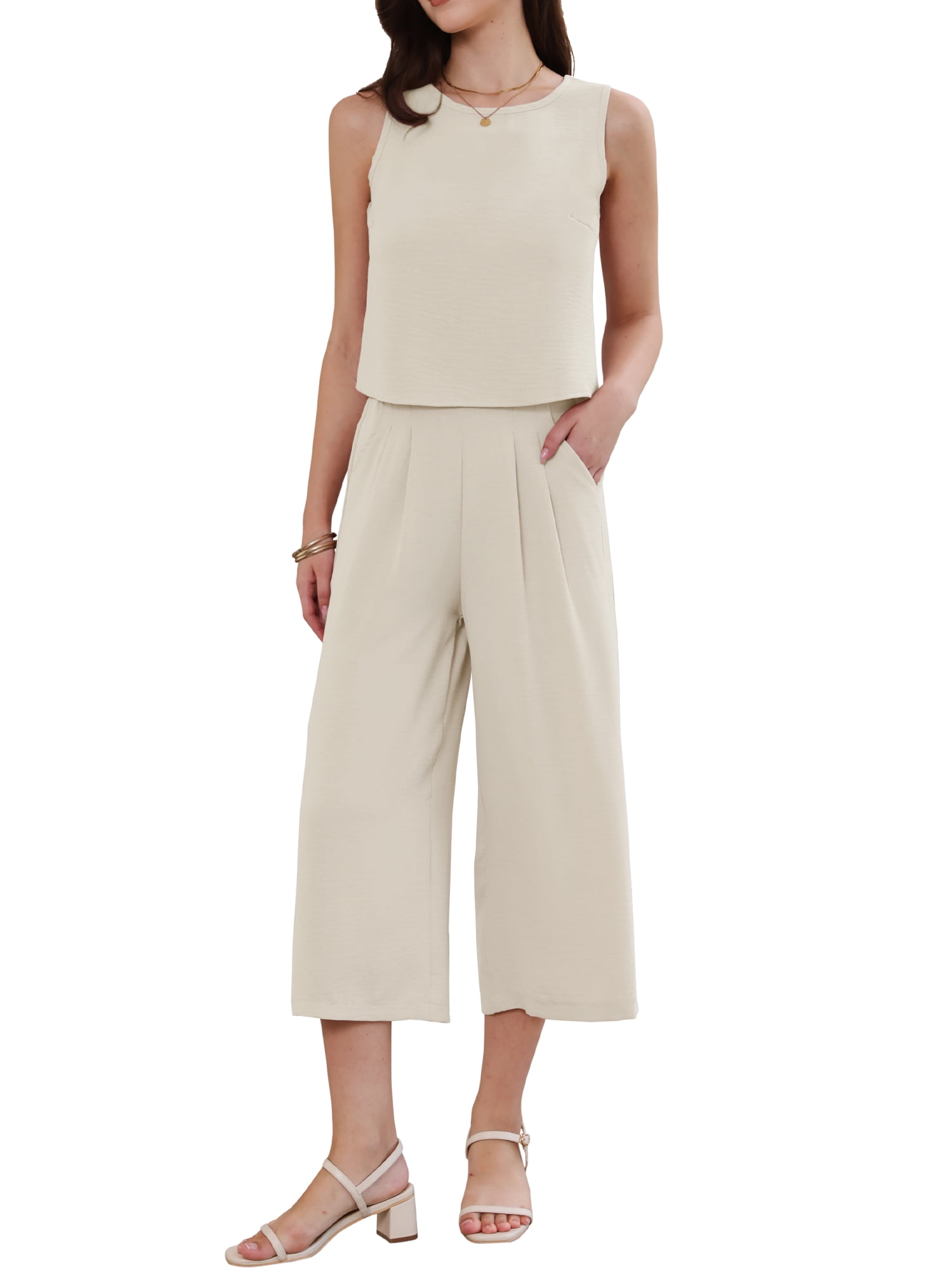 DARING DIVA Women's Suits 2 Piece Outfits Sleeveless Crop Top Wide Leg Pants XL Khaki
