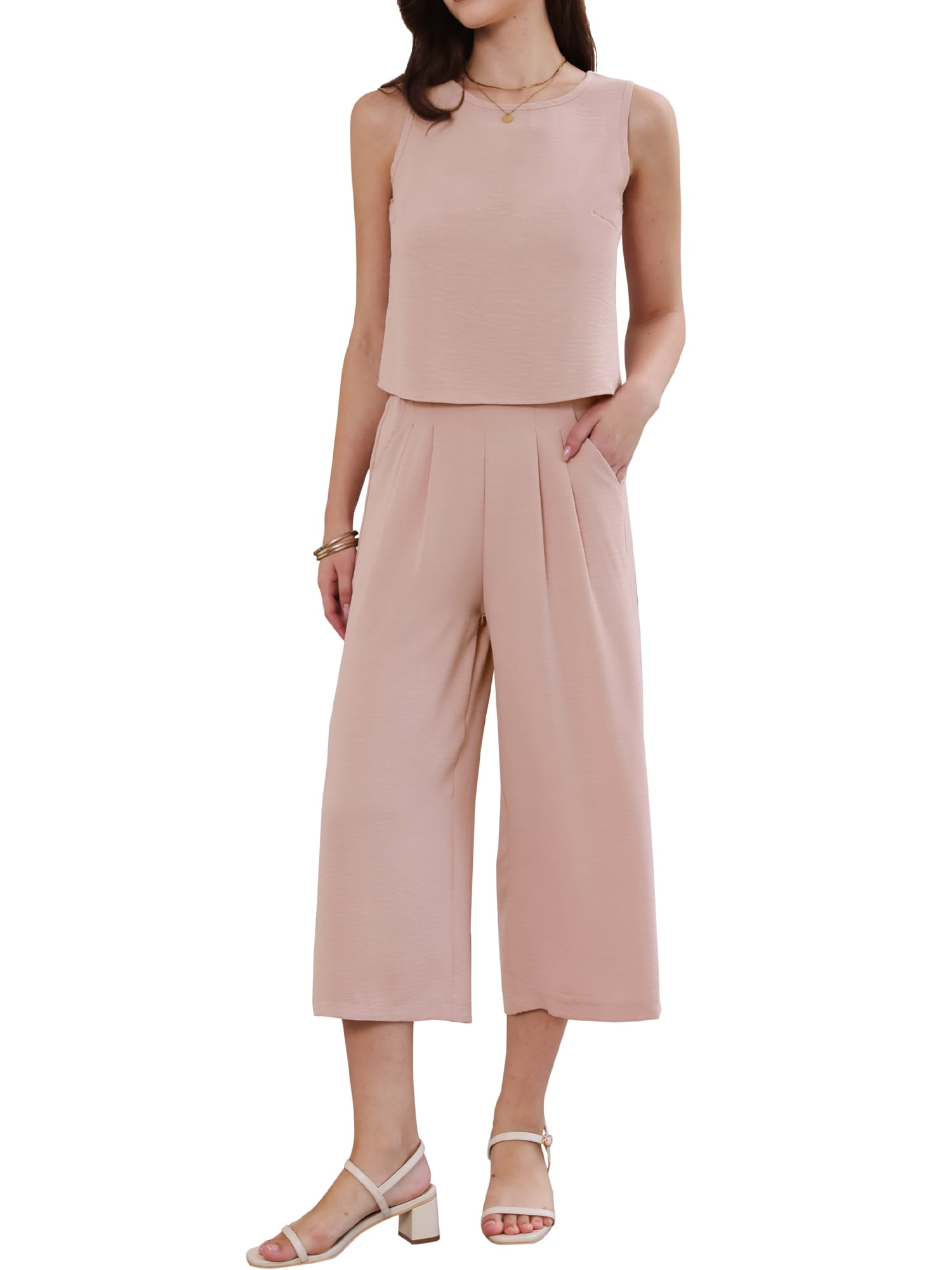 DARING DIVA Women's Suits 2 Piece Outfits Sleeveless Crop Top Wide Leg Pants XL Pink