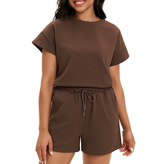 DARING DIVA Women's Summer 2 Pieces Outfits Short Sleeve Tops Shorts L Brown