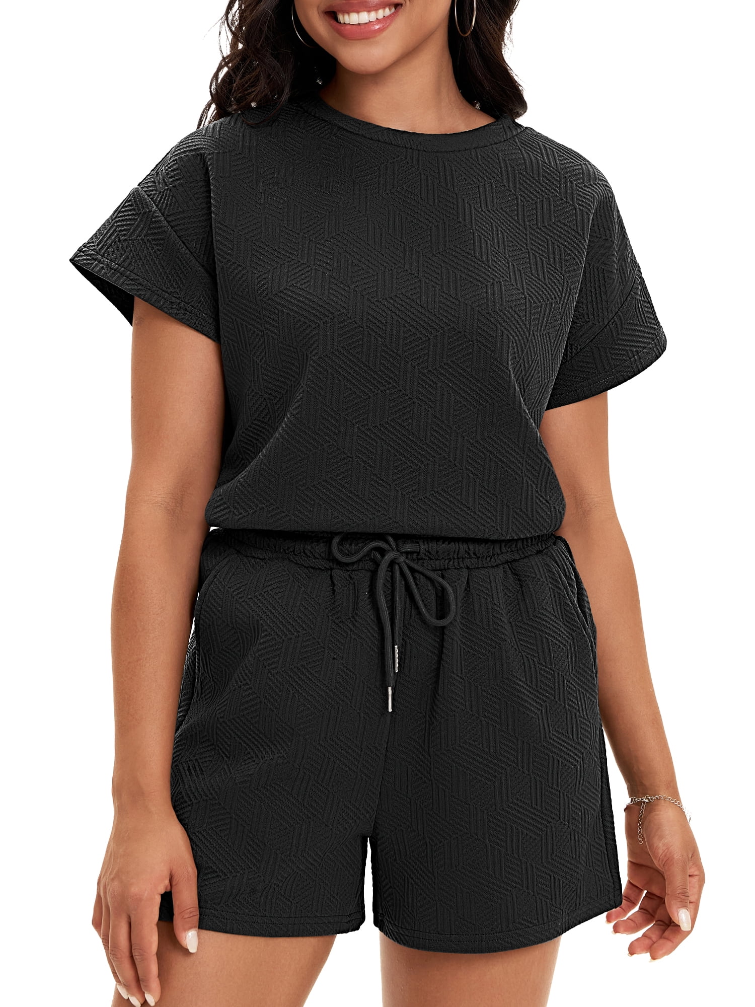 DARING DIVA Women's Summer 2 Pieces Outfits Short Sleeve Tops Shorts XL Black