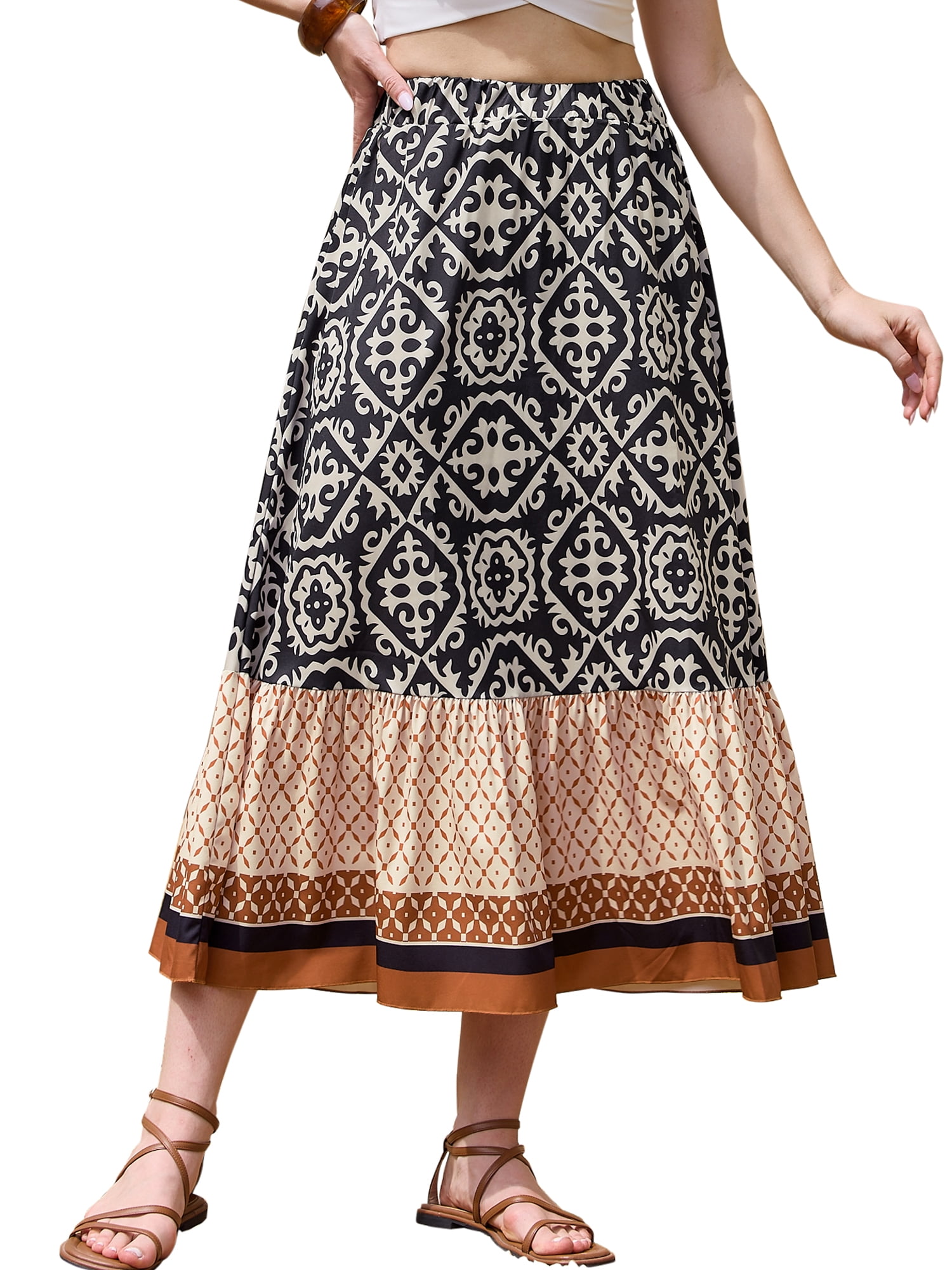DARING DIVA Women's Summer Beach Graphic Midi Western Skirts Large Black