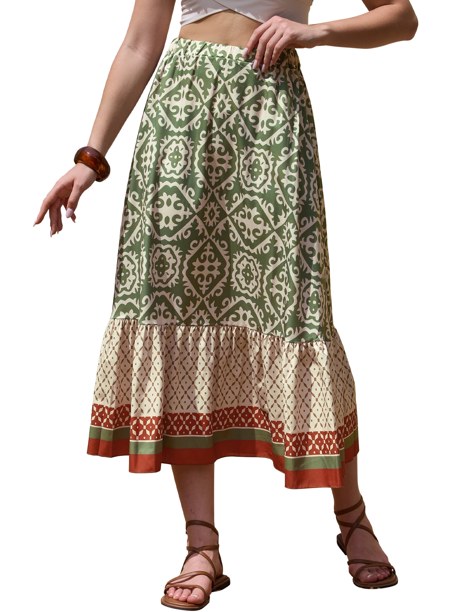 DARING DIVA Women's Summer Beach Graphic Midi Western Skirts Large Green