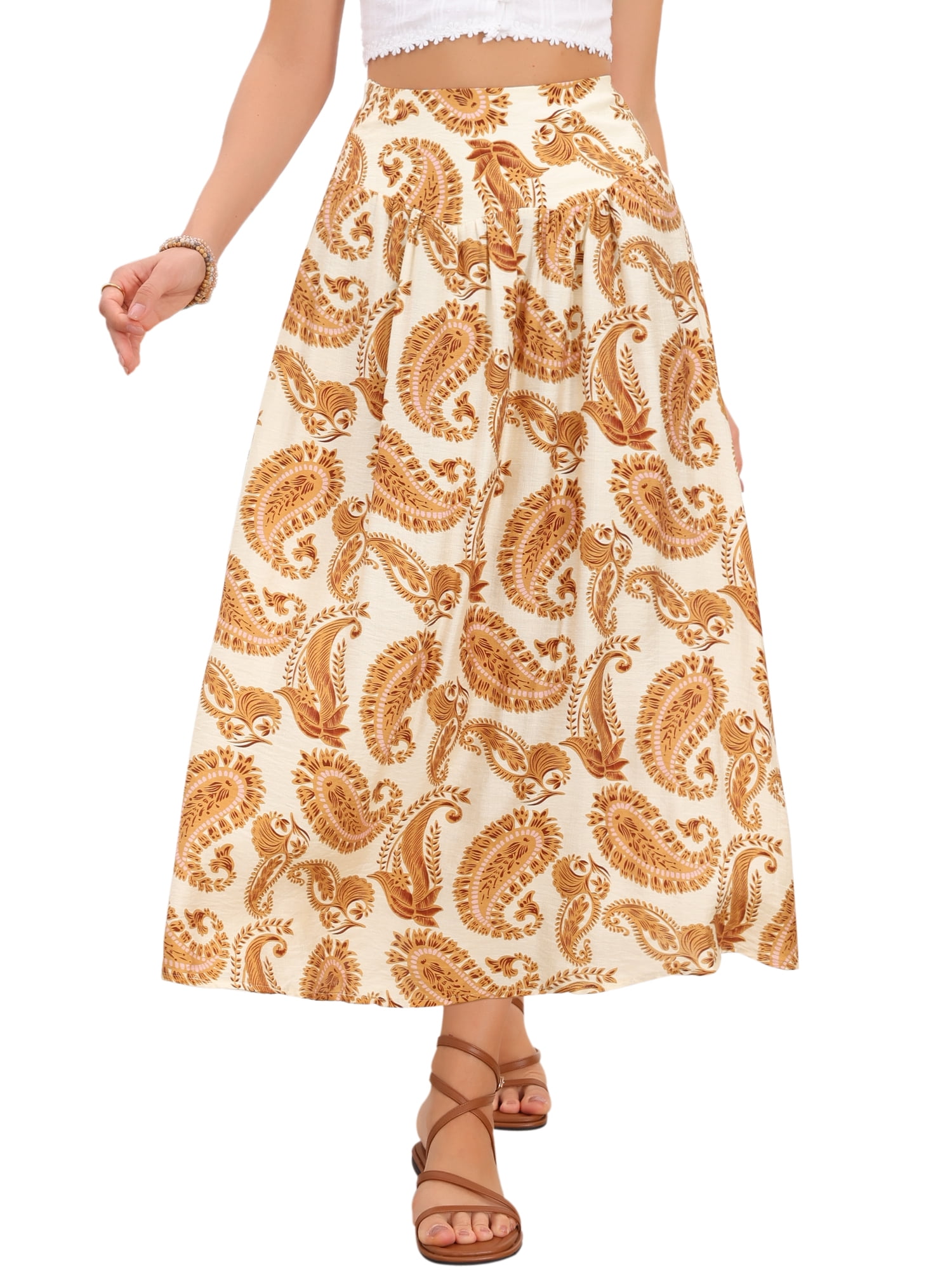 DARING DIVA Women's Summer Beach Paisley Maxi Skirts X-Large Beige Orange