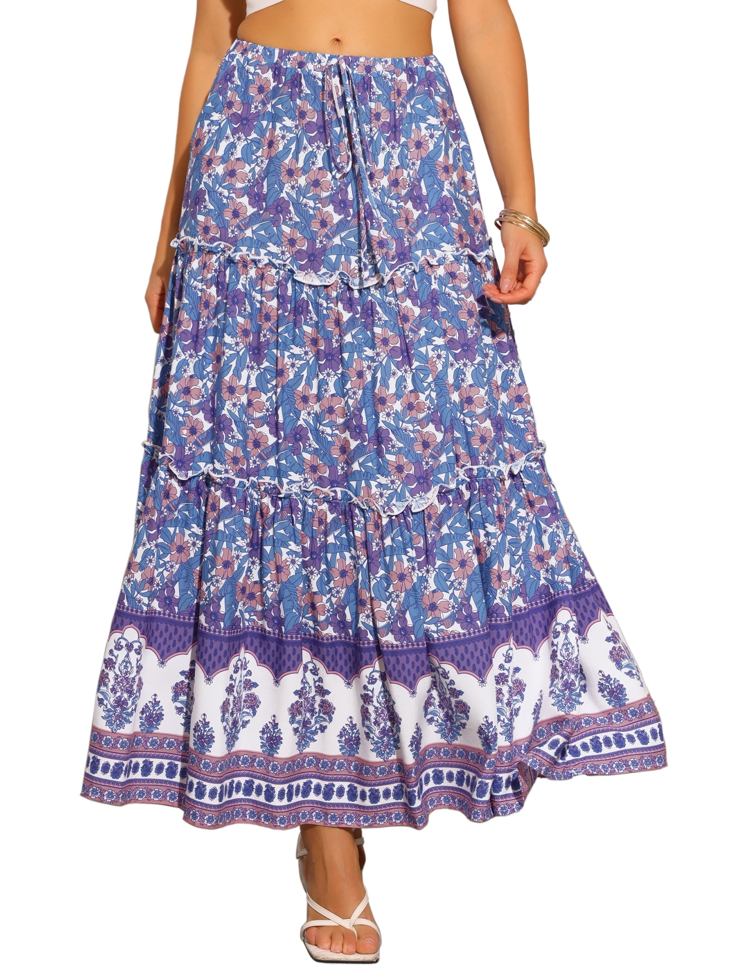 DARING DIVA Women's Floral Ruffle A Line Tiered Maxi Skirts M Blue Purple
