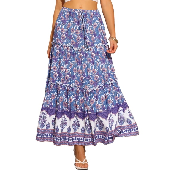 DARING DIVA Women's Floral Ruffle A Line Tiered Maxi Skirts M Blue Purple