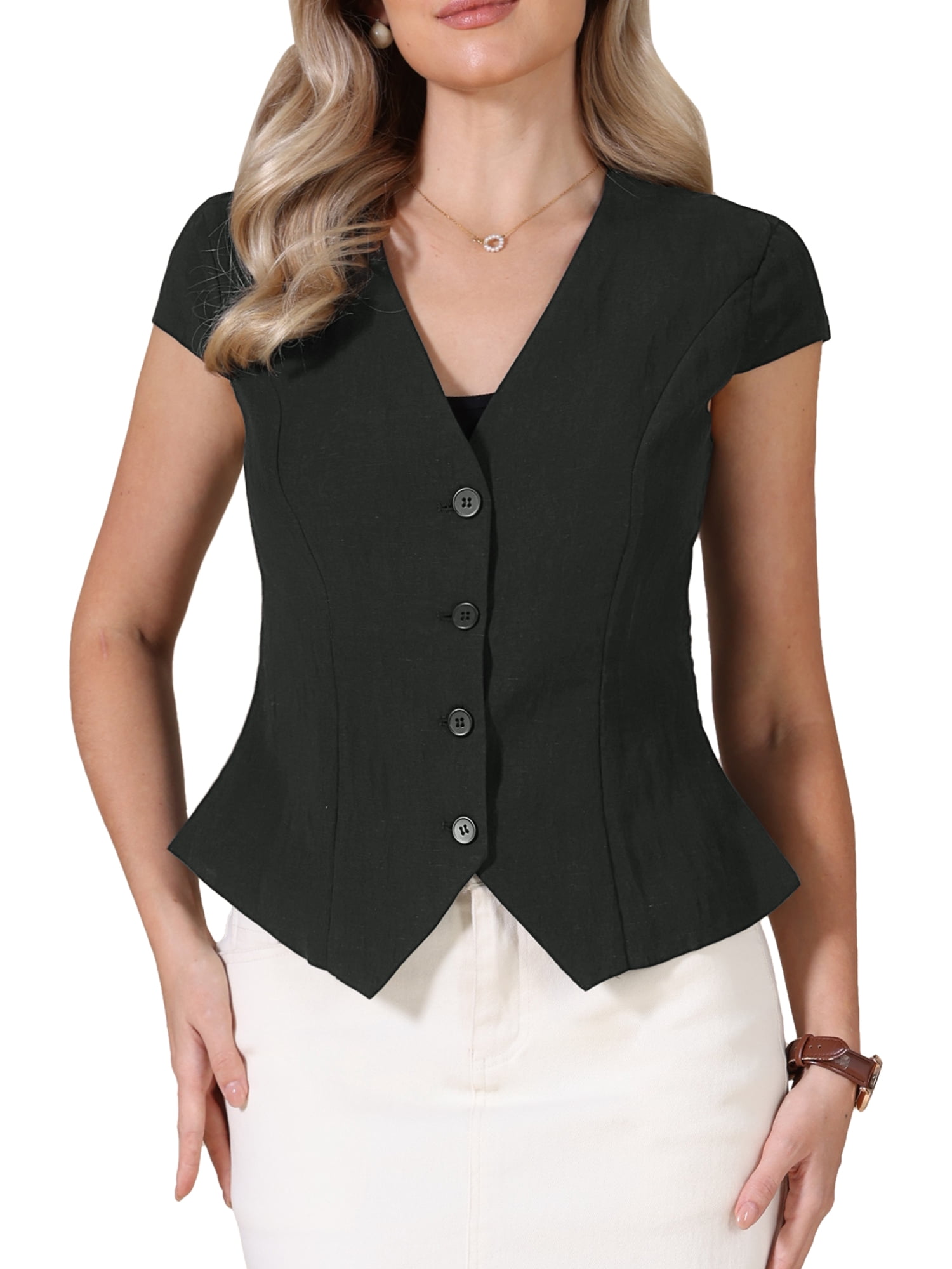 DARING DIVA Women's Summer Button Down Cap Sleeve Busines Dressy Vest S Black