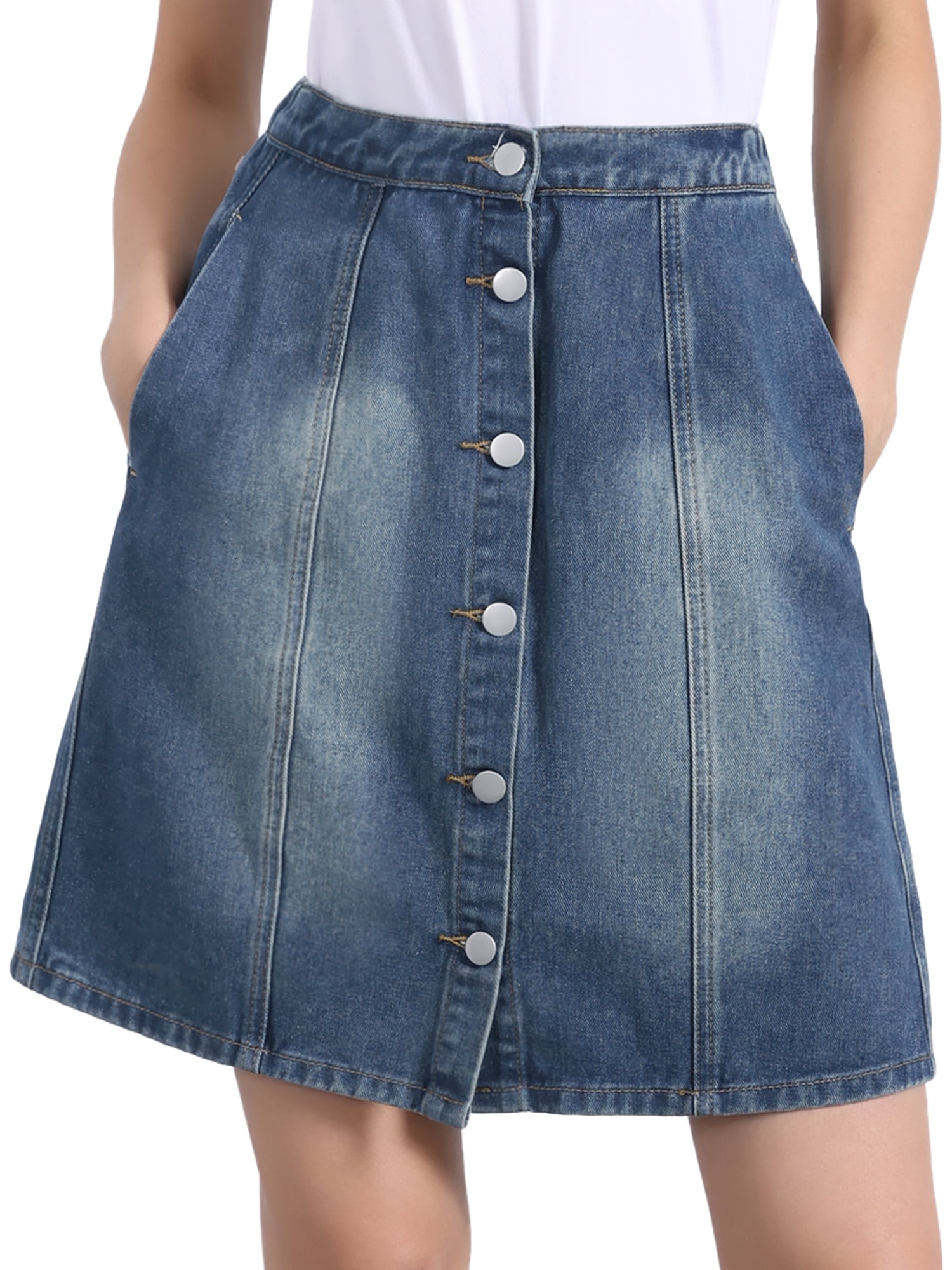 DARING DIVA Women's Summer Casual A-Line Short Button Down Jean Skirt L Retro Blue