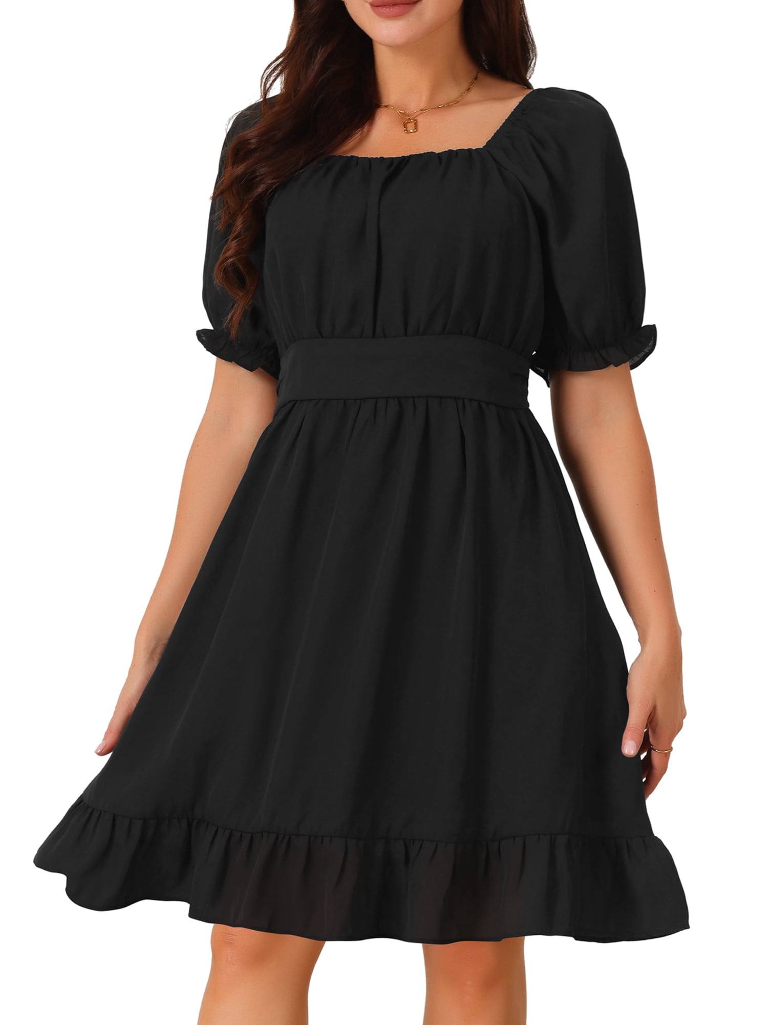 DARING DIVA Women's Summer Casual Square Neck Puff Short Sleeve Ruffle Dress XL Black