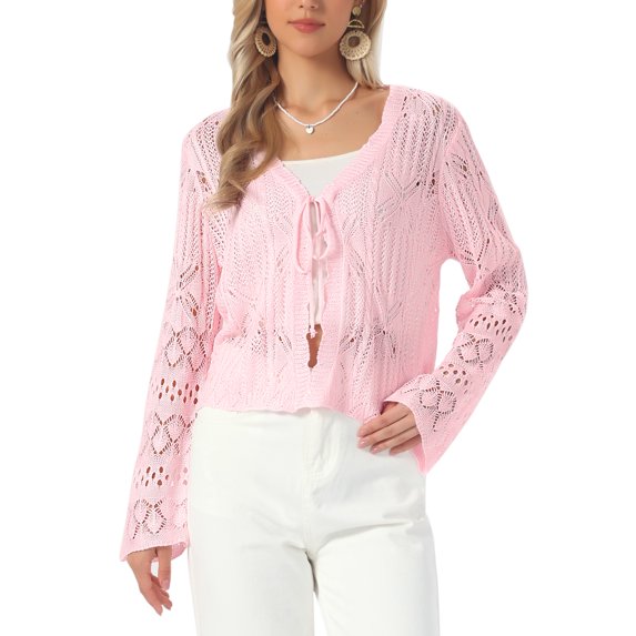 DARING DIVA Women's Summer Crochet Knit Tie Front Bolero Shrug Cardigan S Pink