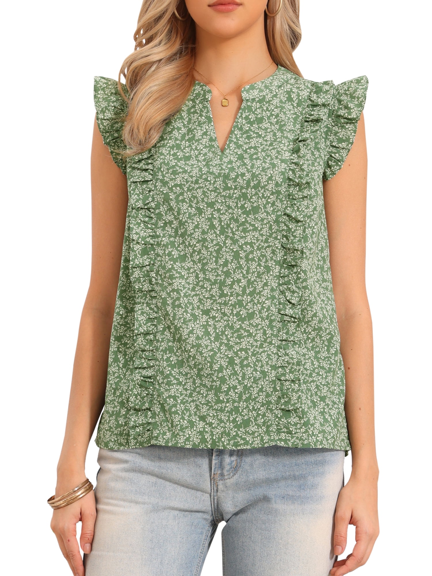 DARING DIVA Women's Summer Floral Tops Ruffle Cap Sleeve V Neck Chiffon Blouse L Green