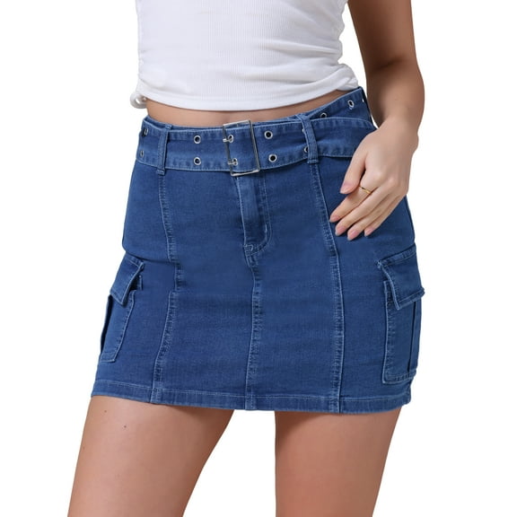 DARING DIVA Women's Summer High Waist Bodycon Mini Cargo Jean Skirt L Blue