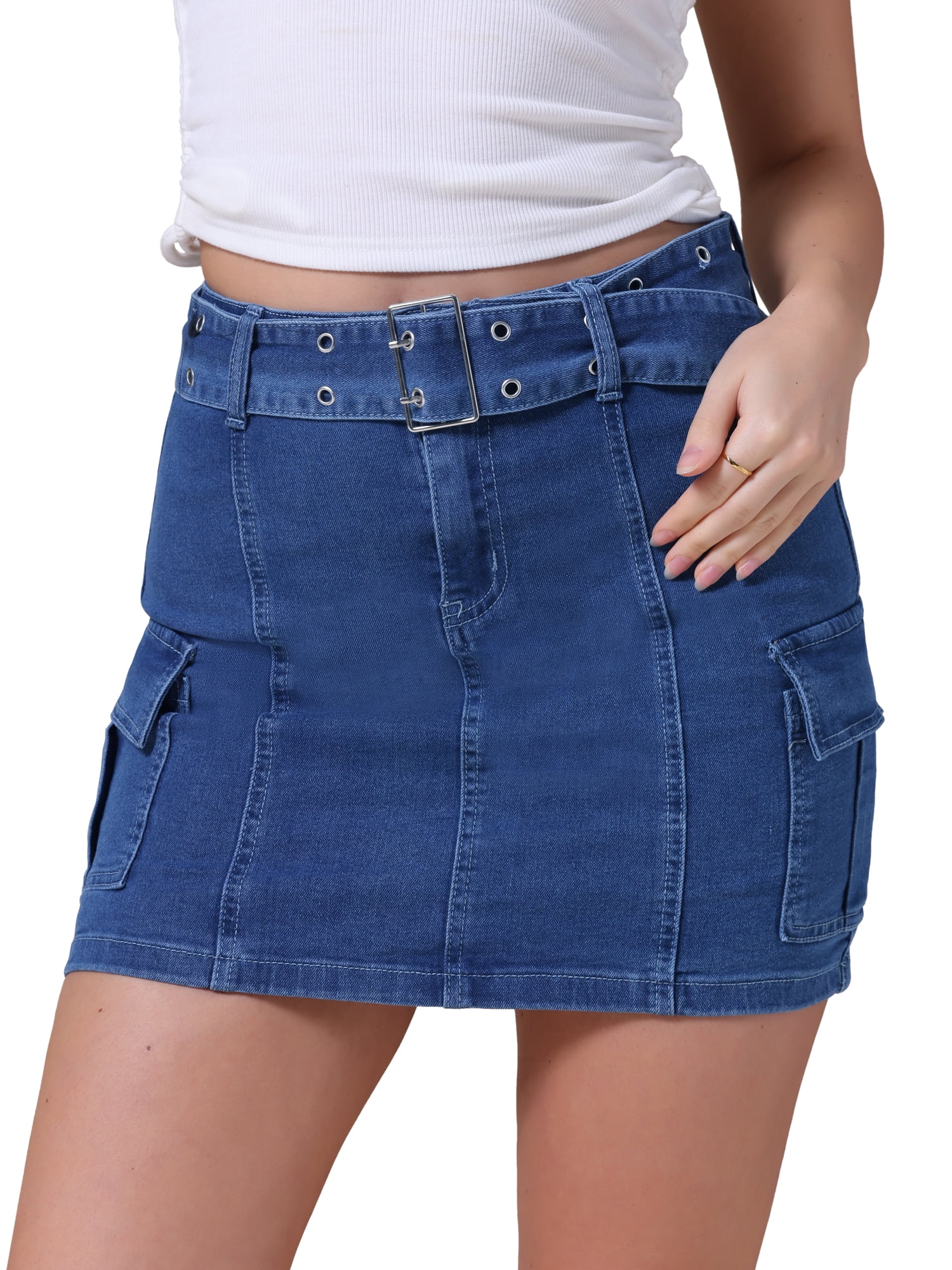 DARING DIVA Women's Summer High Waist Bodycon Mini Cargo Jean Skirt S Blue