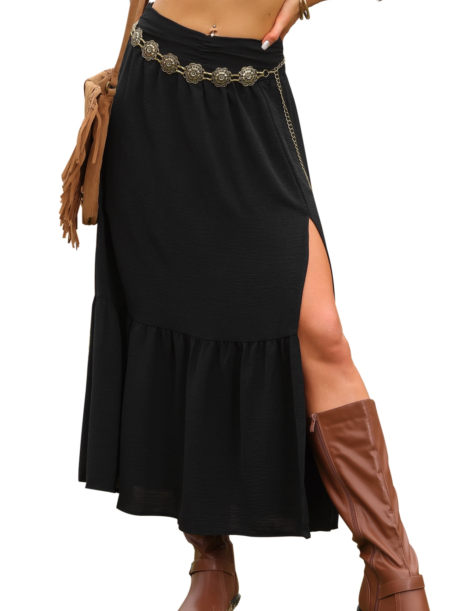 DARING DIVA Women's Summer High Waisted A Line Casual Long Maxi Skirts X-Small Black