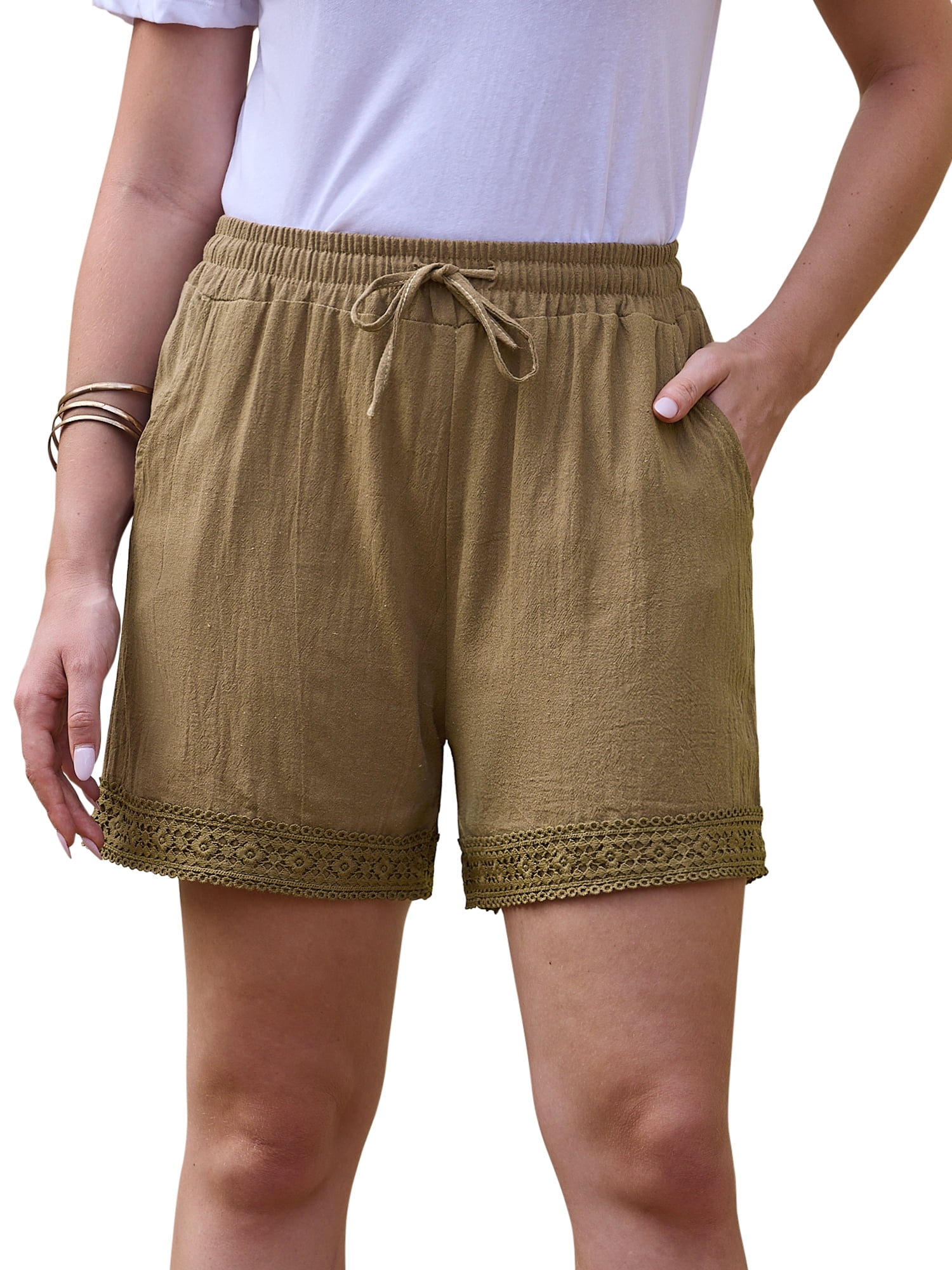 DARING DIVA Women's Summer Lace Trim Beach Cover Up Shorts with Pockets Large Khaki