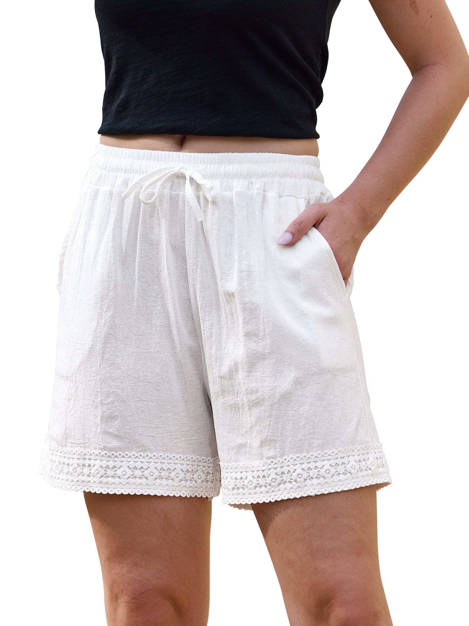 DARING DIVA Women's Summer Lace Trim Beach Cover Up Shorts with Pockets X-Small White