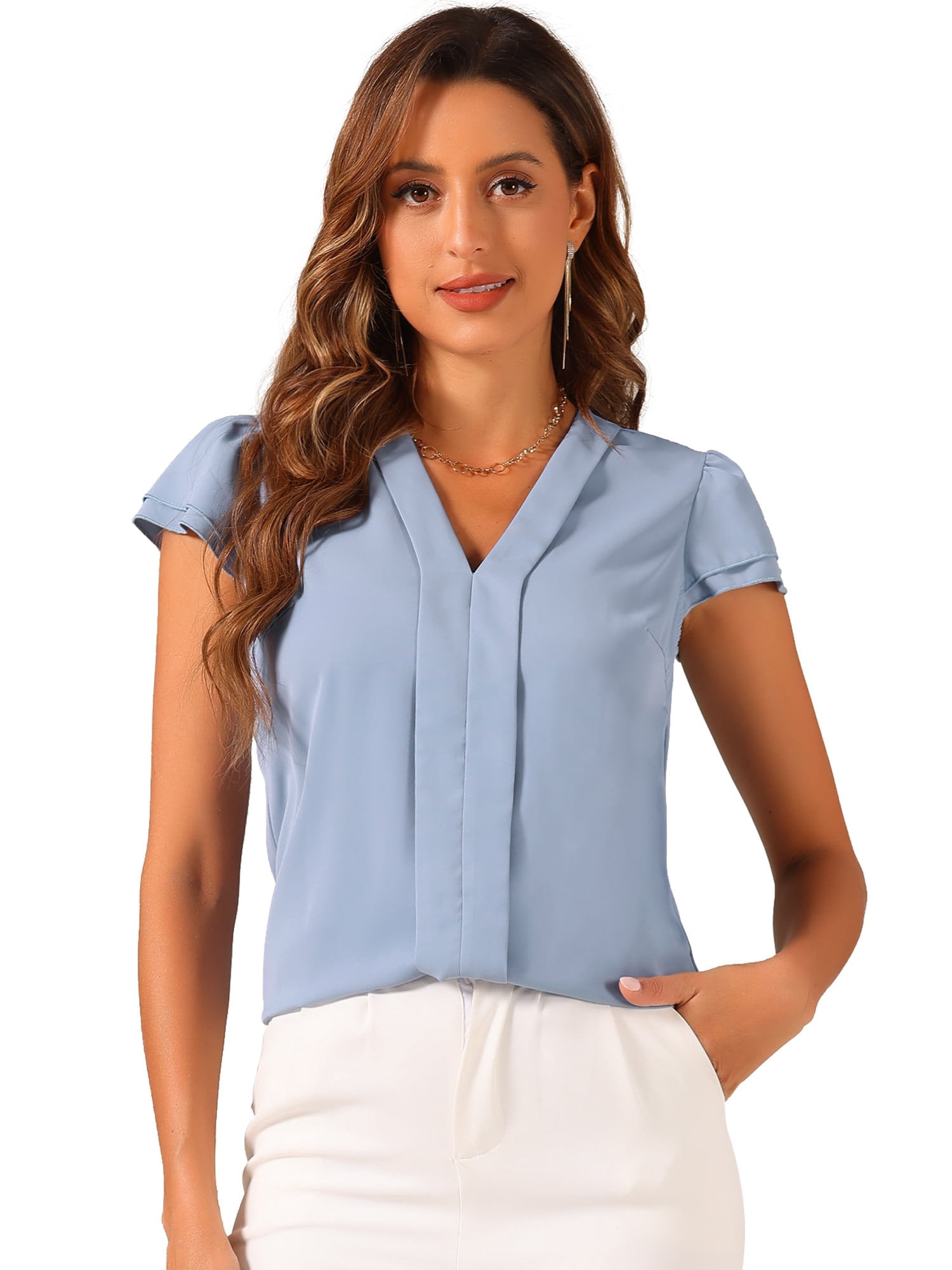 DARING DIVA Women's Summer Office Tops V-Neck Solid Color Chiffon Blouse L Blue Gray
