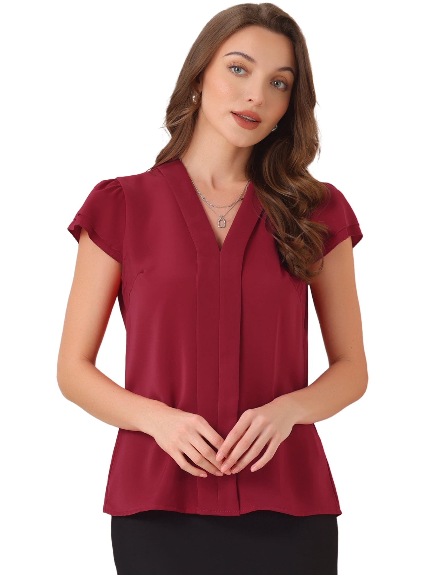 DARING DIVA Women's Summer Office Tops V-Neck Solid Color Chiffon Blouse S Red