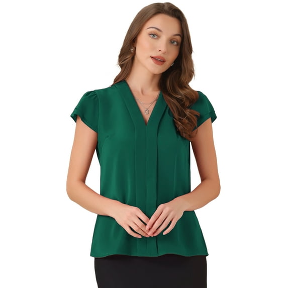 DARING DIVA Women's Summer Office Tops V-Neck Solid Color Chiffon Blouse XS Dark Green