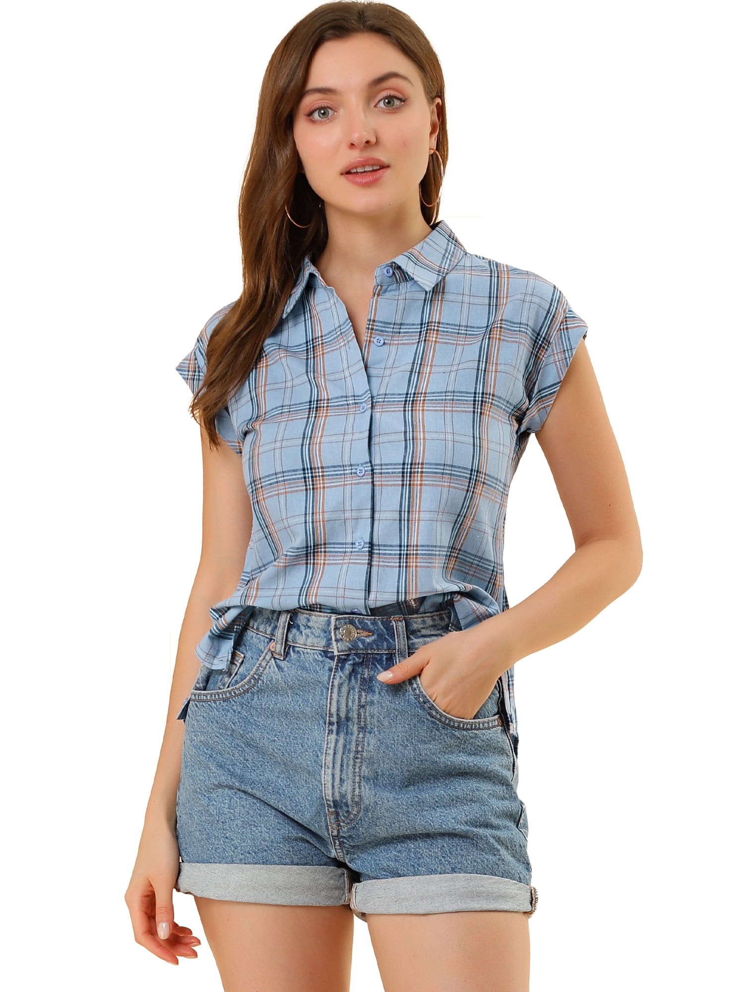 DARING DIVA Women's Summer Plaid Short Sleeves Button Down Shirts 3XL Blue