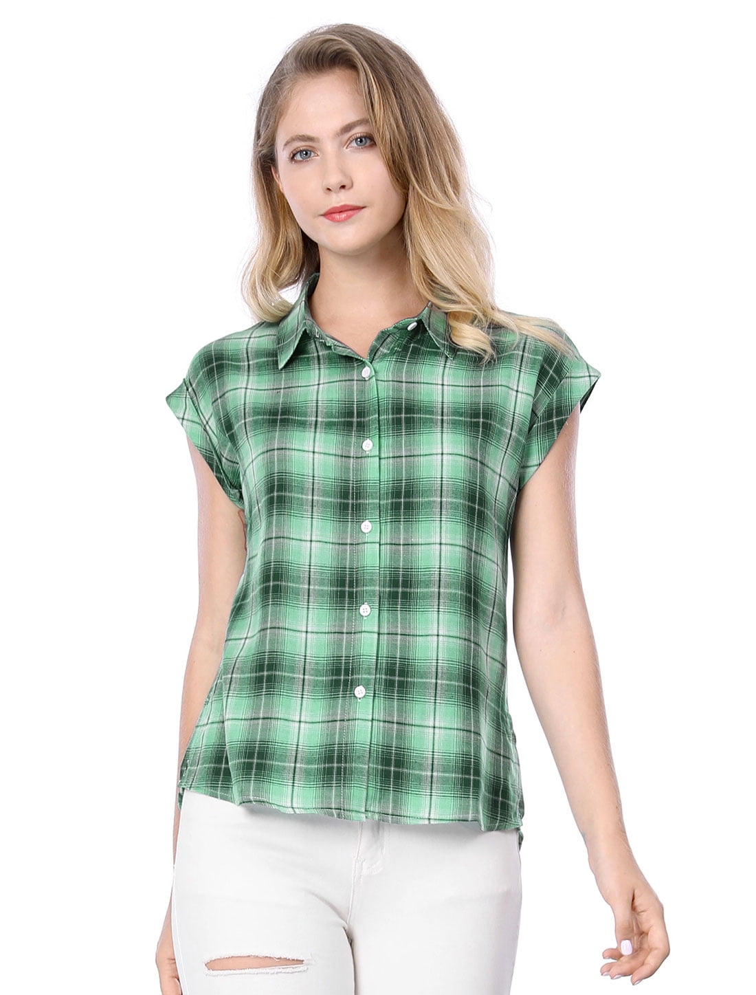 DARING DIVA Women's Summer Plaid Short Sleeves Button Down Shirts 3XL Green