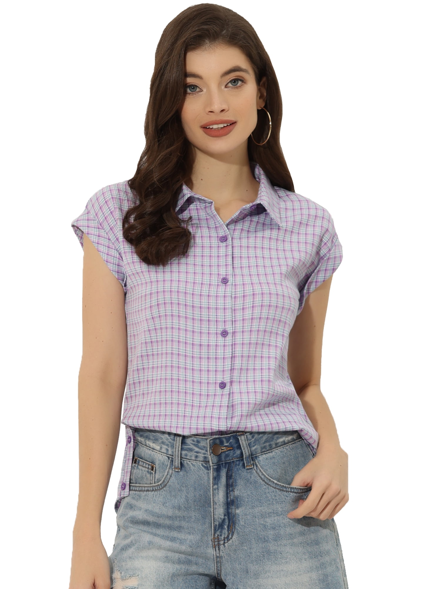 DARING DIVA Women's Summer Plaid Short Sleeves Button Down Shirts L Lilac