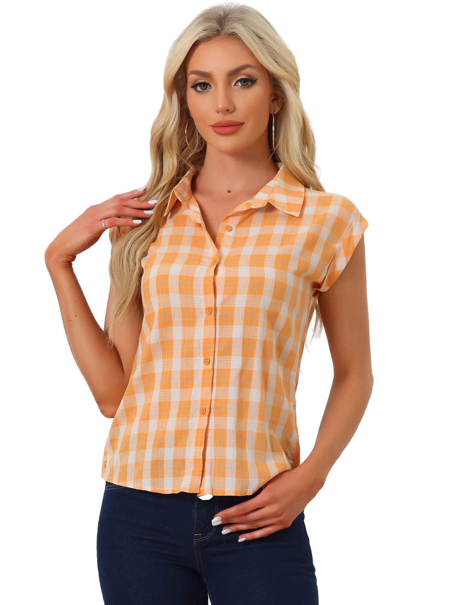 DARING DIVA Women's Summer Plaid Short Sleeves Button Down Shirts M Orange
