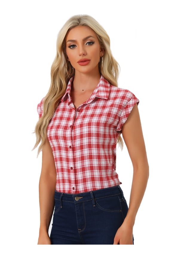 Women's Summer Plaid Short Sleeves Button Down Shirts M Red Plaid