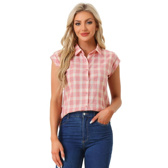 DARING DIVA Women's Summer Plaid Short Sleeves Button Down Shirts S Pink-Beige