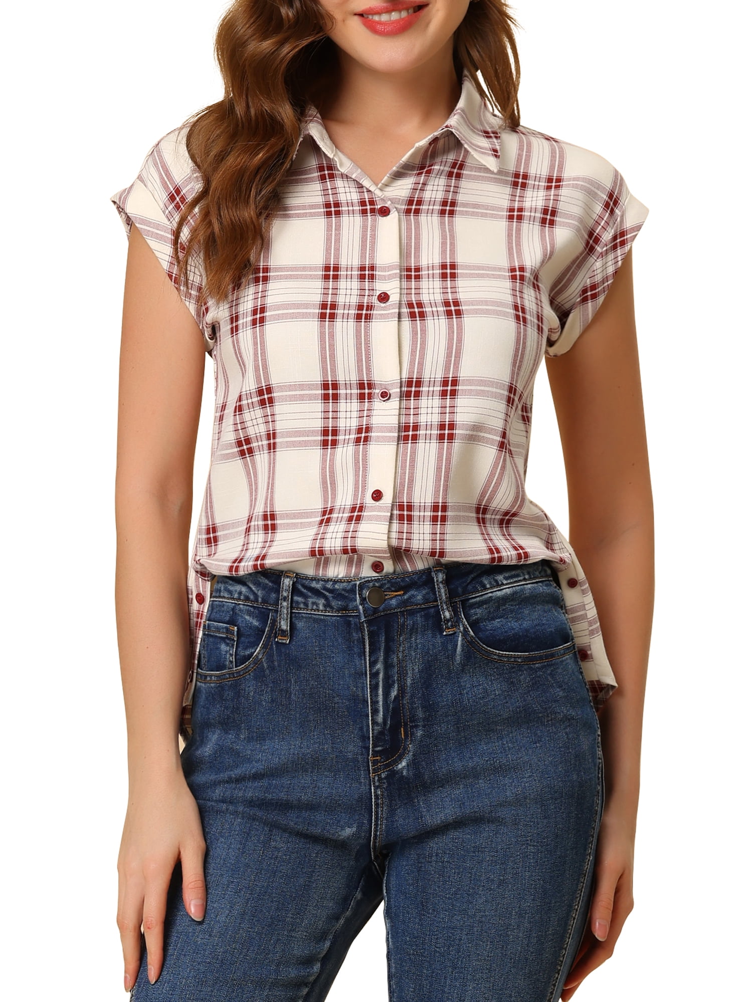 DARING DIVA Women's Summer Plaid Short Sleeves Button Down Shirts S Red-White