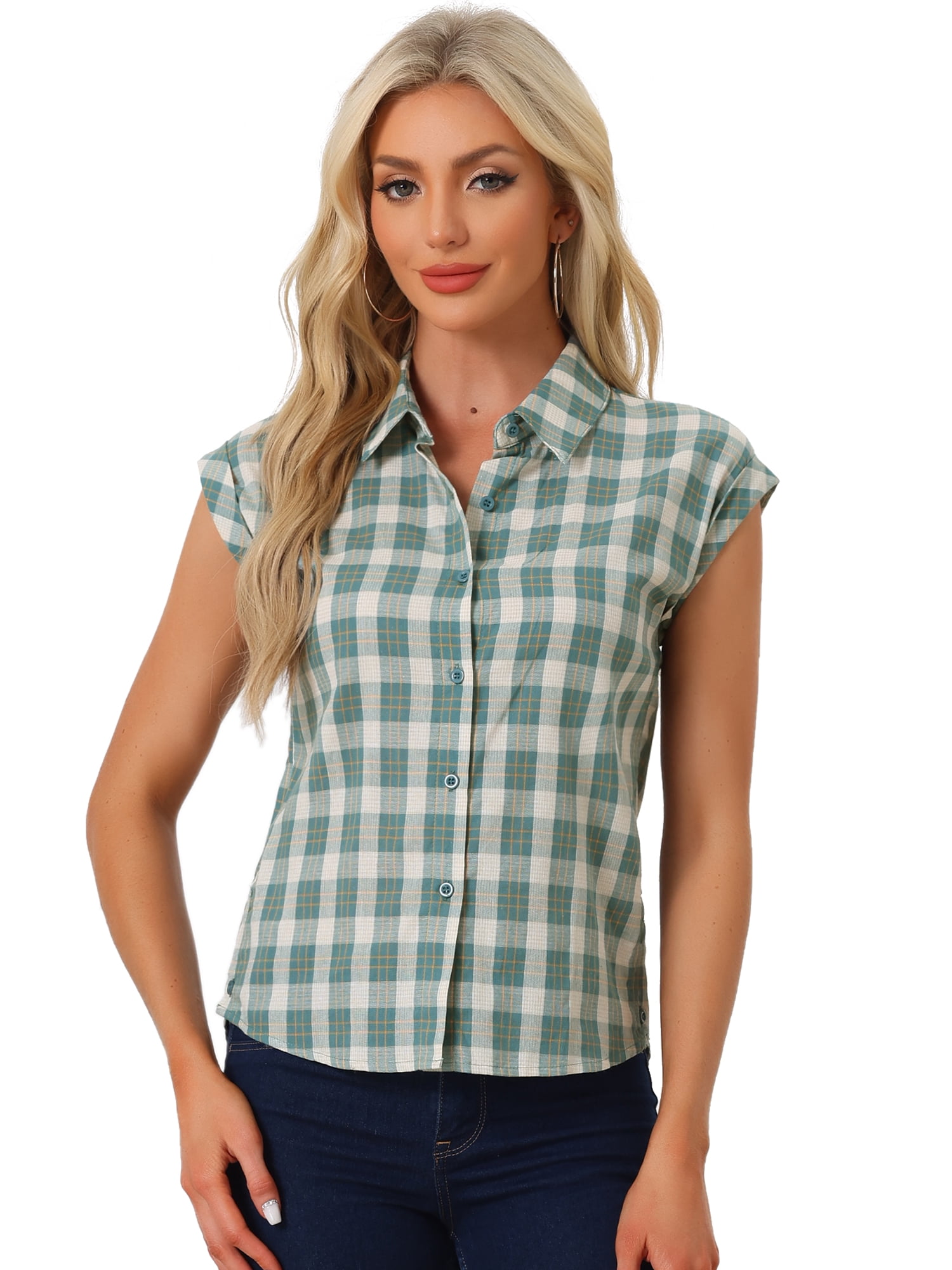DARING DIVA Women's Summer Plaid Short Sleeves Button Down Shirts XL Green White
