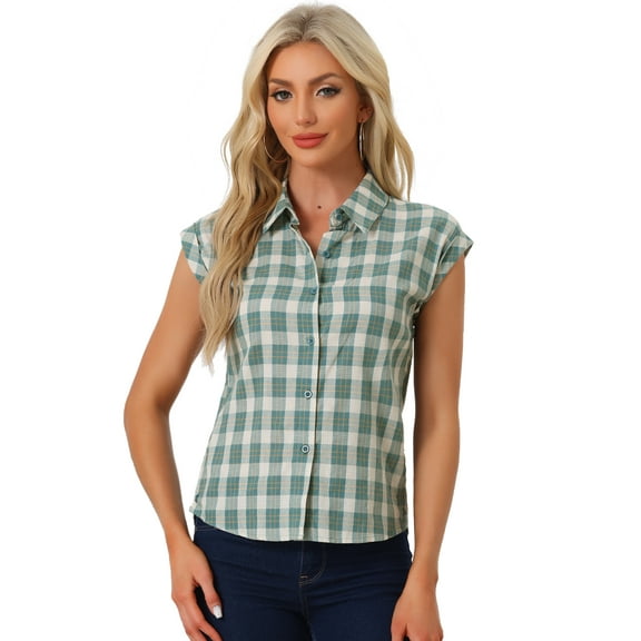 DARING DIVA Women's Summer Plaid Short Sleeves Button Down Shirts XL Green White