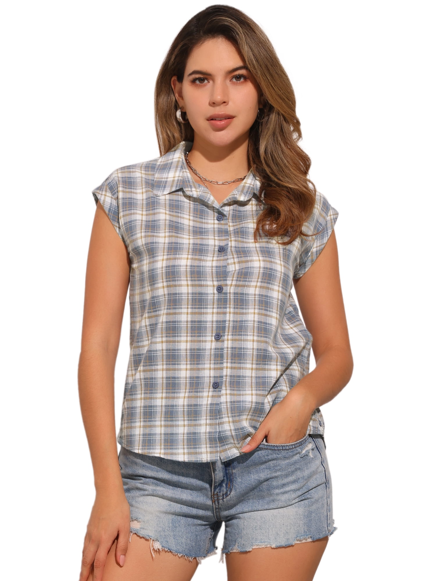 DARING DIVA Women's Summer Plaid Short Sleeves Button Down Shirts XL Grey Blue
