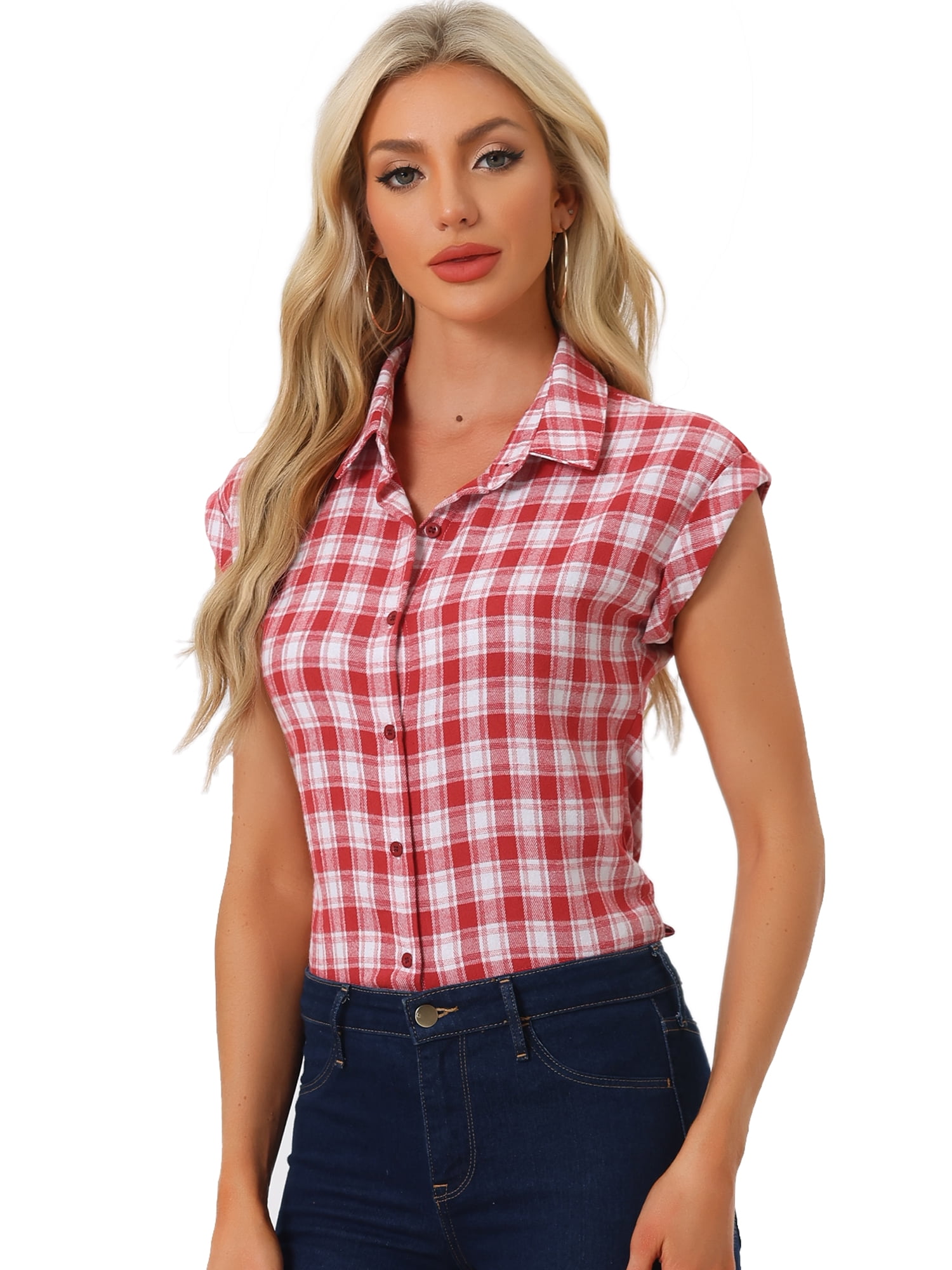 DARING DIVA Women's Summer Plaid Short Sleeves Button Down Shirts XL Red Plaid