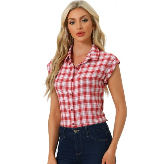 DARING DIVA Women's Summer Plaid Short Sleeves Button Down Shirts XL Red Plaid