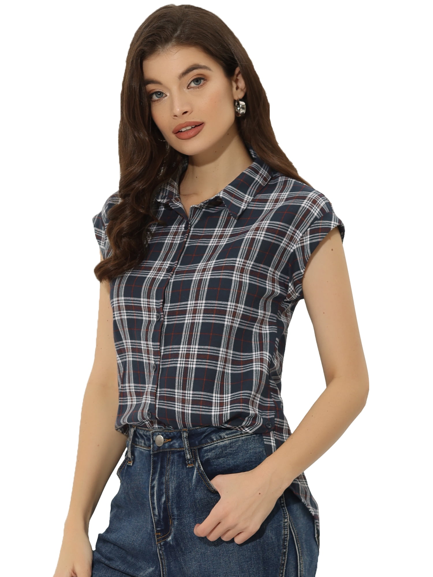 DARING DIVA Women's Summer Plaid Short Sleeves Button Down Shirts XS Navy Blue