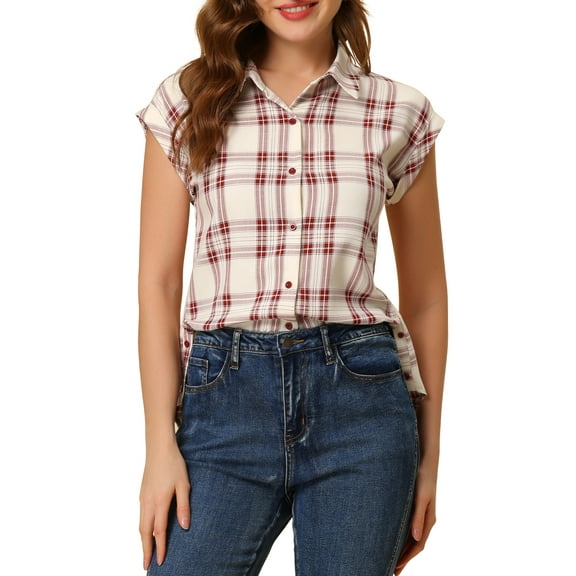 DARING DIVA Women's Summer Plaid Short Sleeves Button Down Shirts XS Red-White