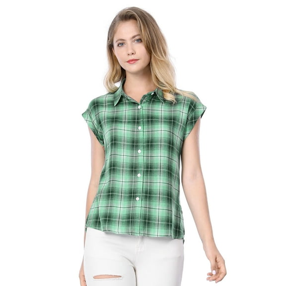 DARING DIVA Women's Summer Plaid Short Sleeves Button Down Tops 2XL Green