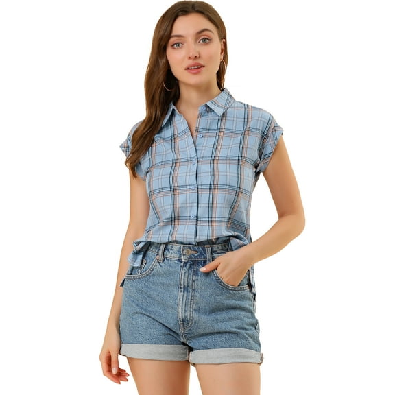 DARING DIVA Women's Summer Plaid Short Sleeves Button Down Tops 3XL Blue